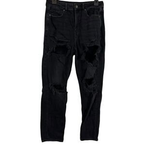 American Eagle Mom Jeans Black Wash Distressed High Rise Stretch Denim Goth 6